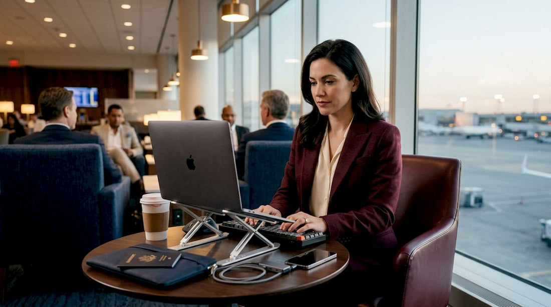 Business traveler using MacBook setup at airport lounge
