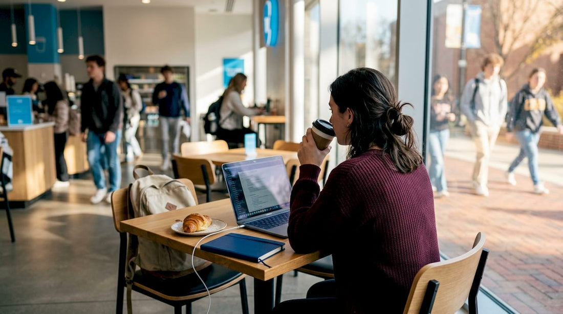 Student using MacBook privately in busy café