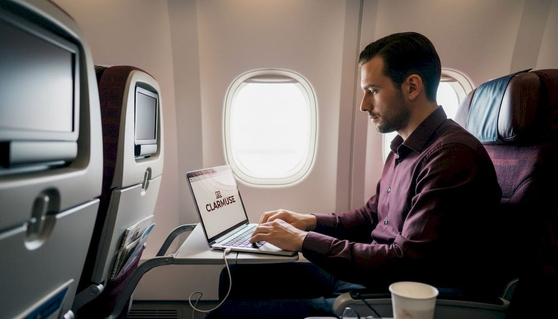 Business traveler using MacBook on airplane
