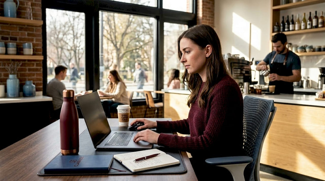 Professional using MacBook with privacy screen in coworking space