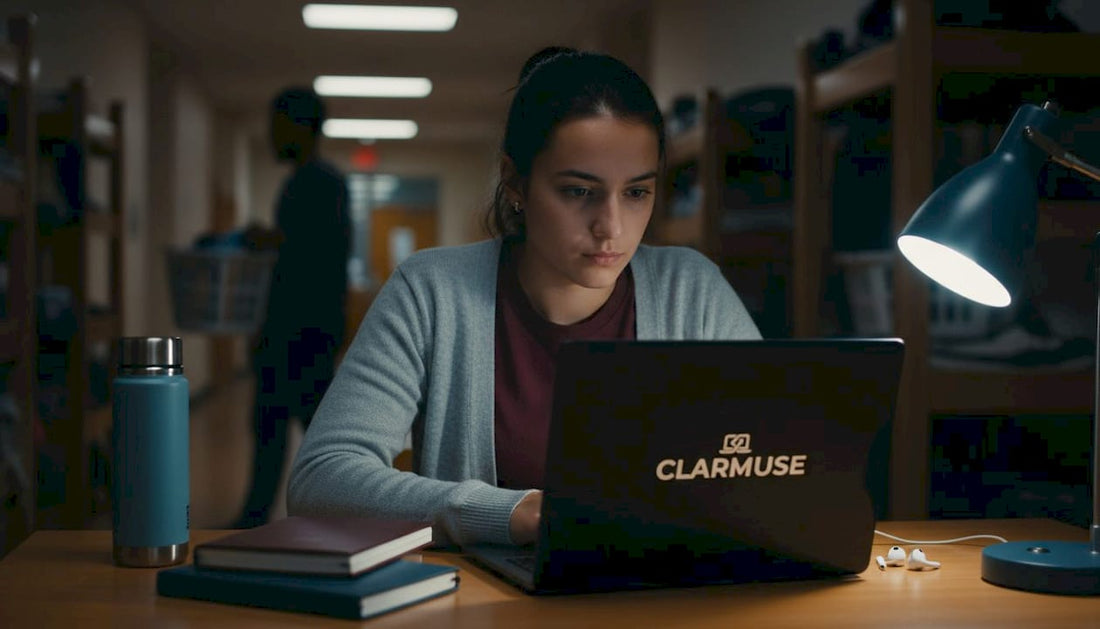 Student using MacBook privacy screen in dorm