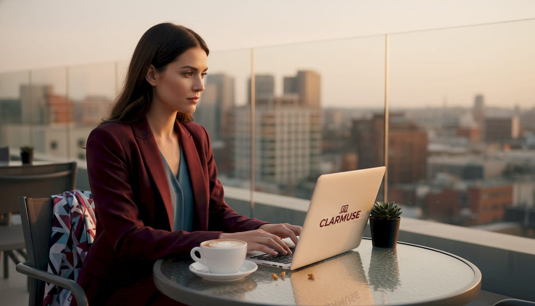 Woman using laptop in busy café