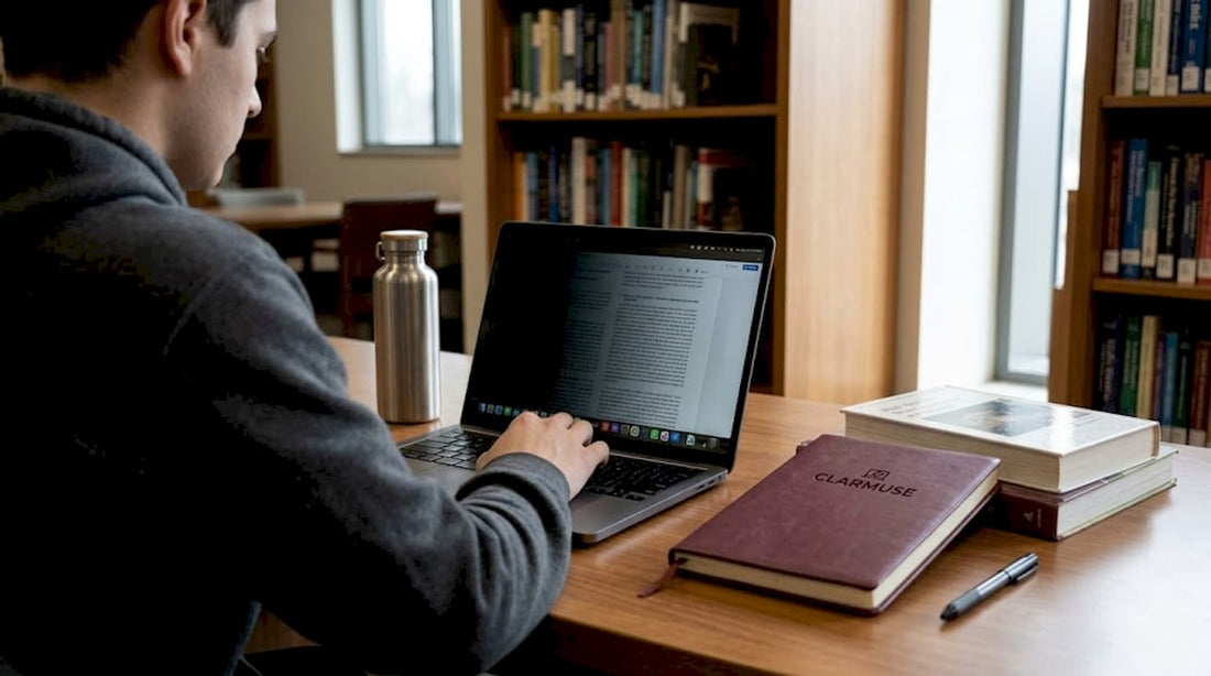 Student using MacBook privacy filter in café