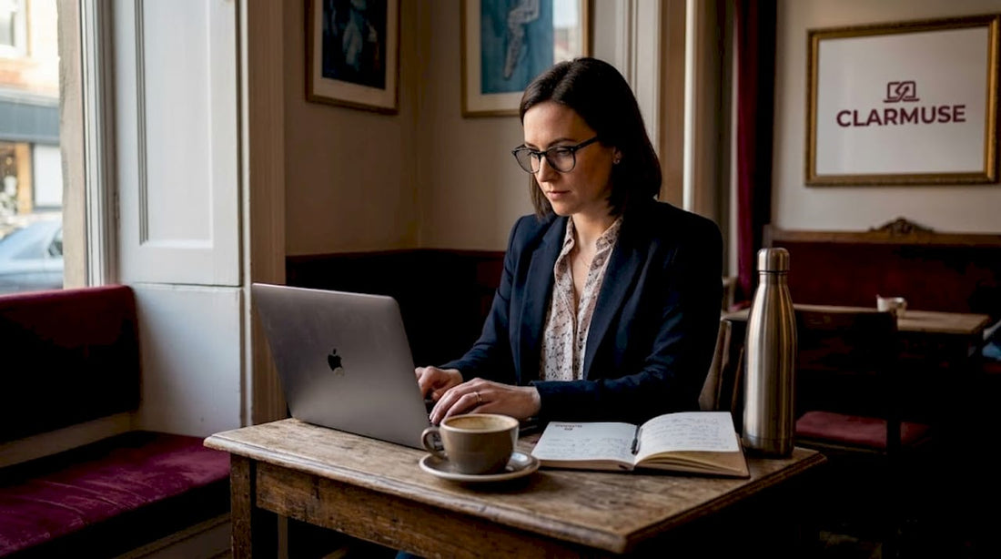 Woman using MacBook in café with privacy screen