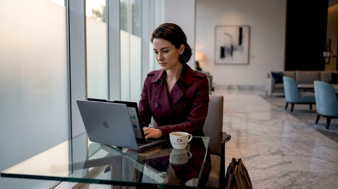 Woman viewing private file on MacBook in café