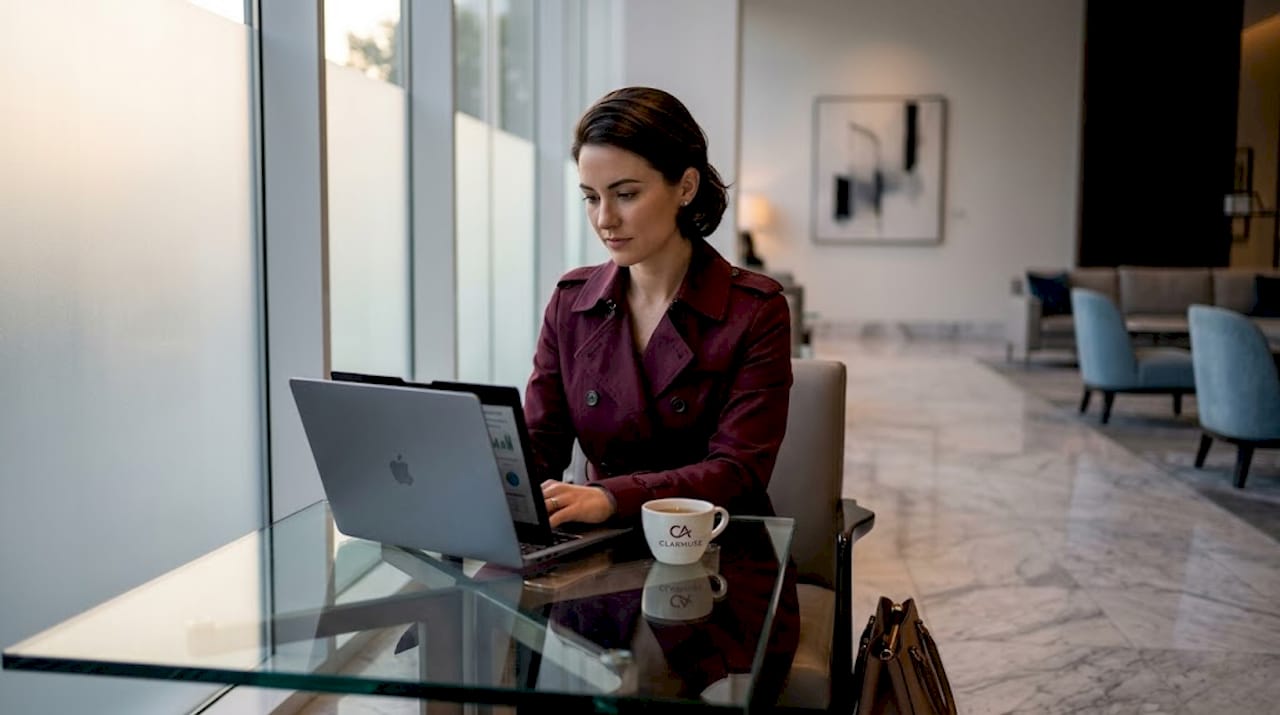 Woman viewing private file on MacBook in café
