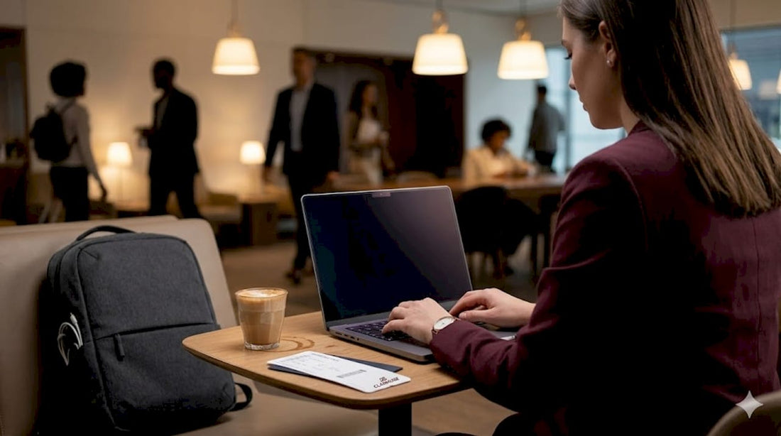 MacBook in airport café with privacy screen in use