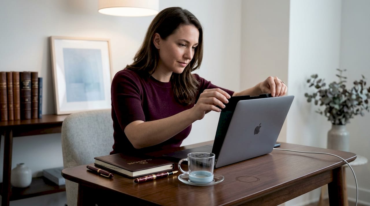 Woman fitting privacy screen to MacBook Pro