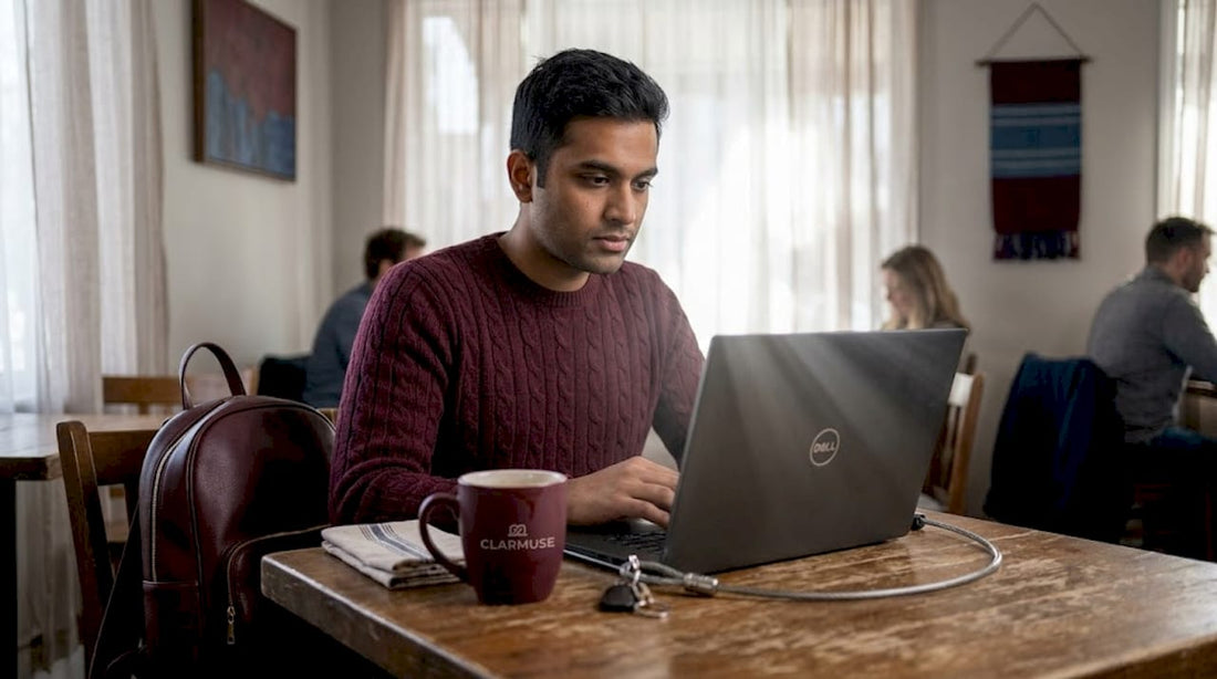 Professional using laptop at café table with cable lock