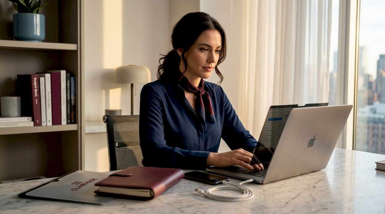 Woman using MacBook with privacy filter at home