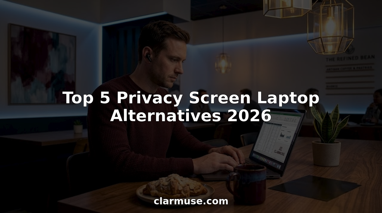 Man using laptop with privacy screen in café