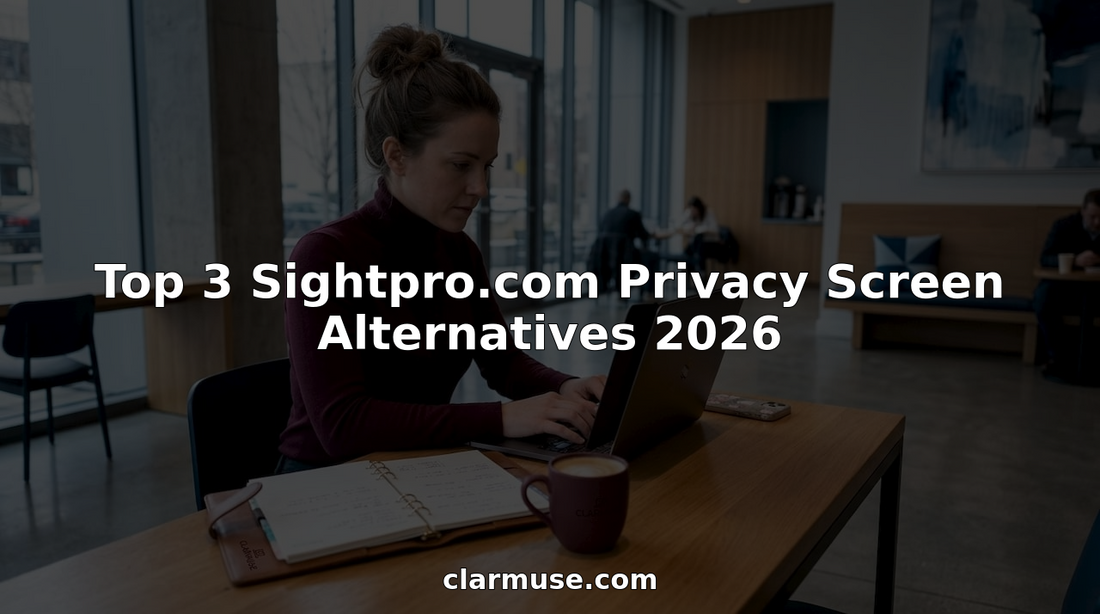 Woman using privacy screen on MacBook in café