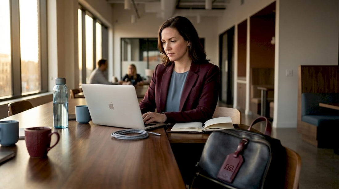 Professional using MacBook in bright shared workspace