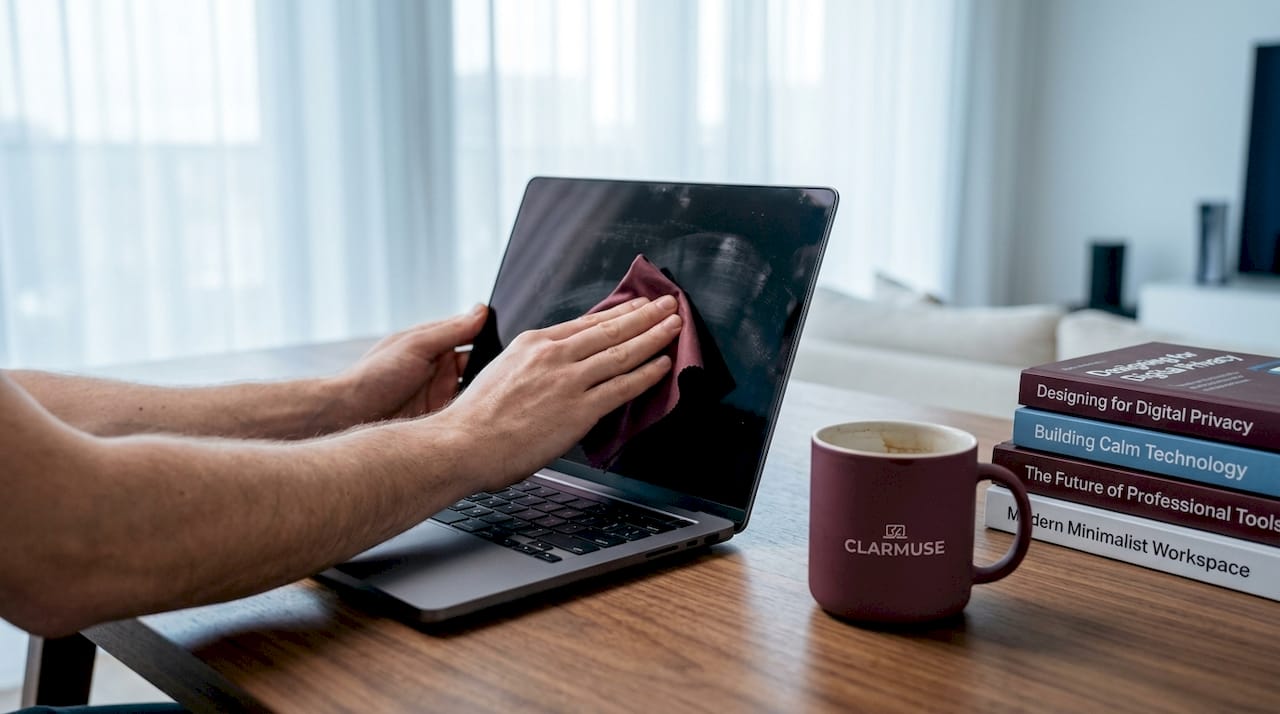 Person cleaning MacBook screen in home office