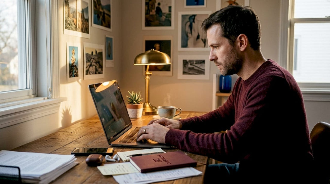 MacBook laptop with screen glare in home office
