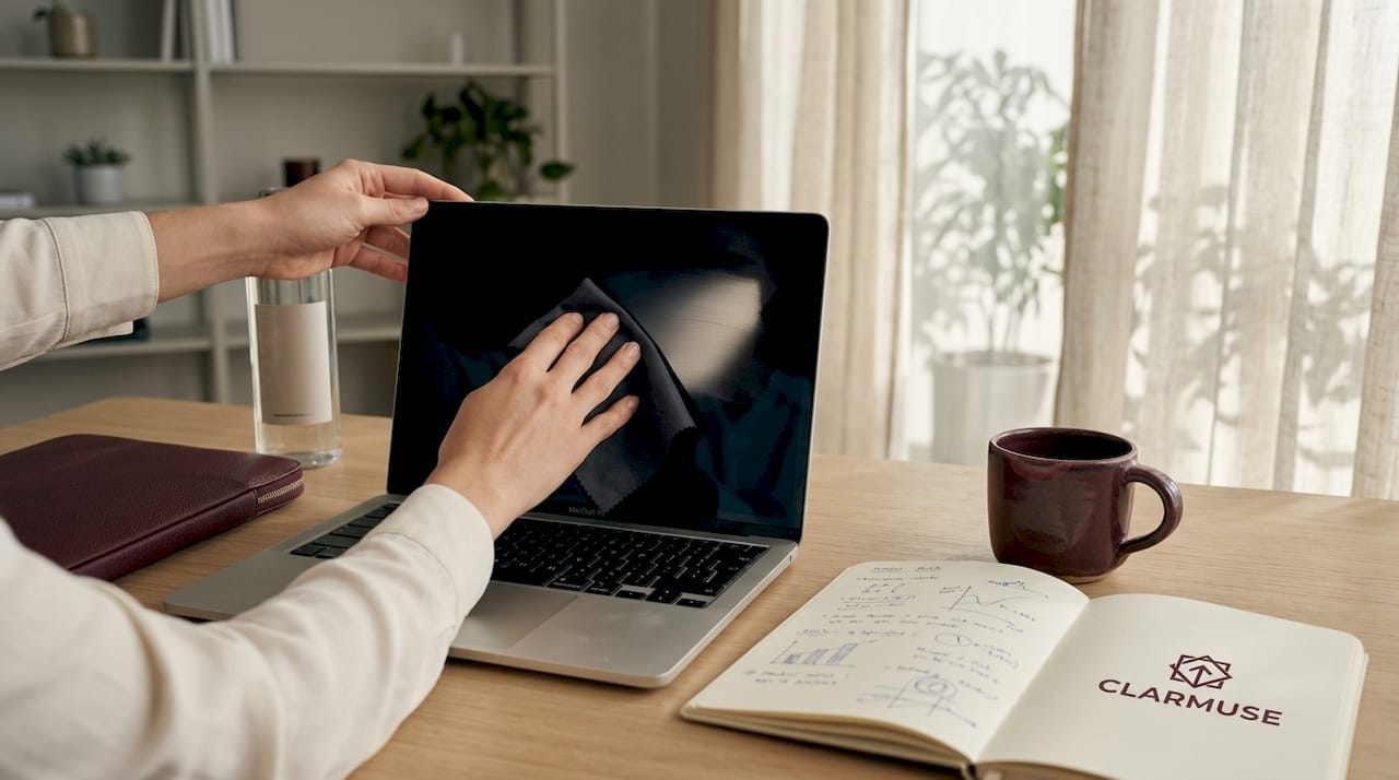 Hands cleaning MacBook screen with microfiber cloth