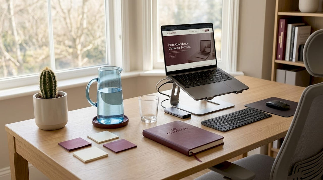 Minimalist MacBook desk with USB-C hub and accessories
