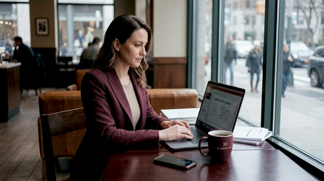 Woman working on MacBook with privacy screen