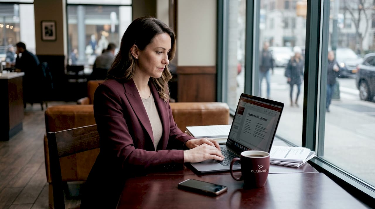 Woman working on MacBook with privacy screen