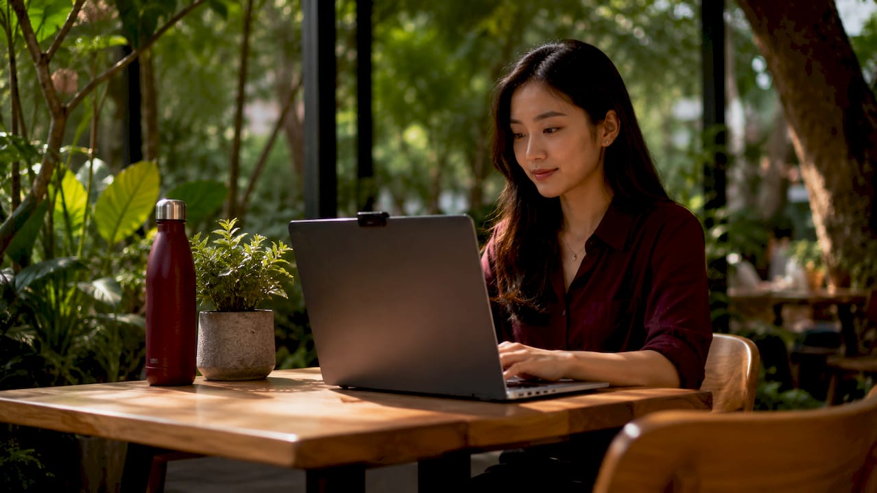Woman using laptop with privacy screen in office