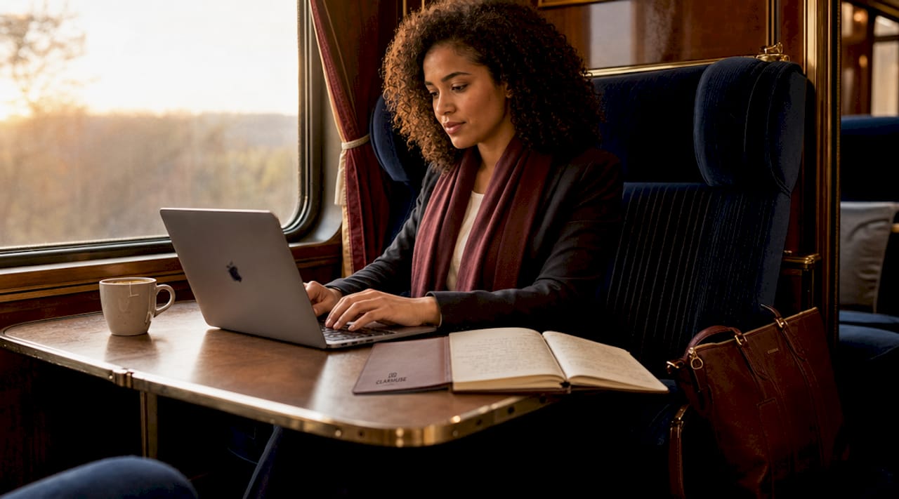 Woman working on MacBook Air in train seat
