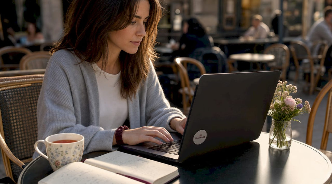Woman using MacBook with privacy screen in café