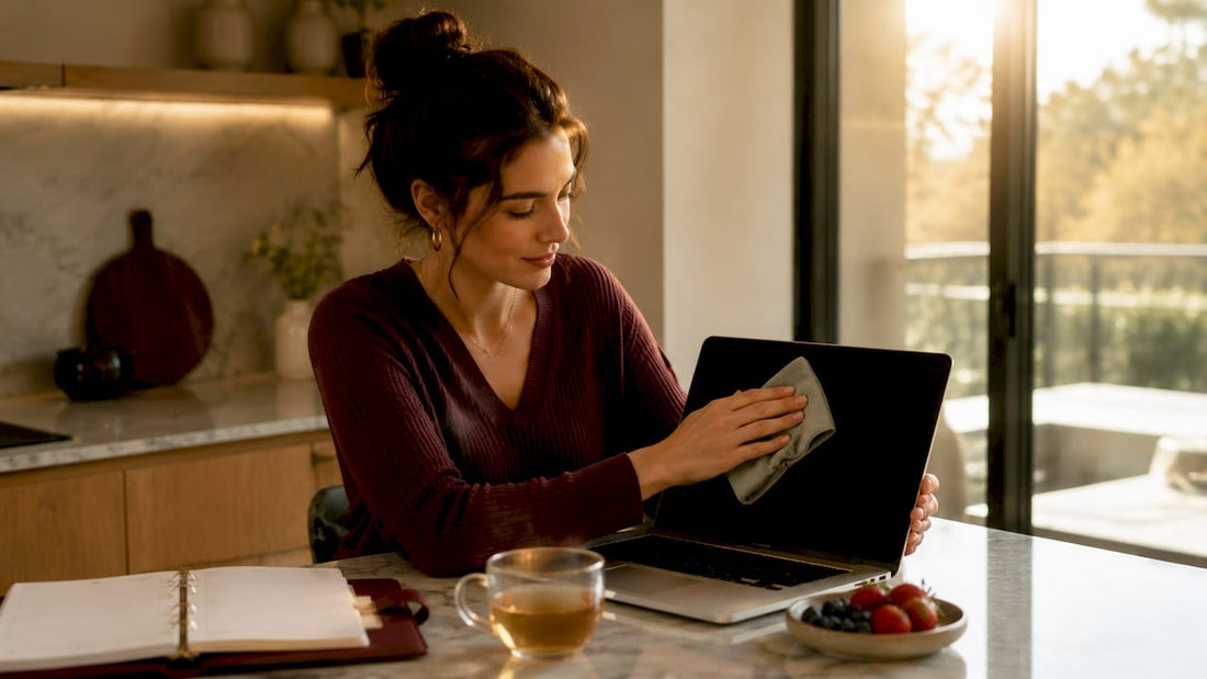 Woman cleaning MacBook screen with cloth at desk