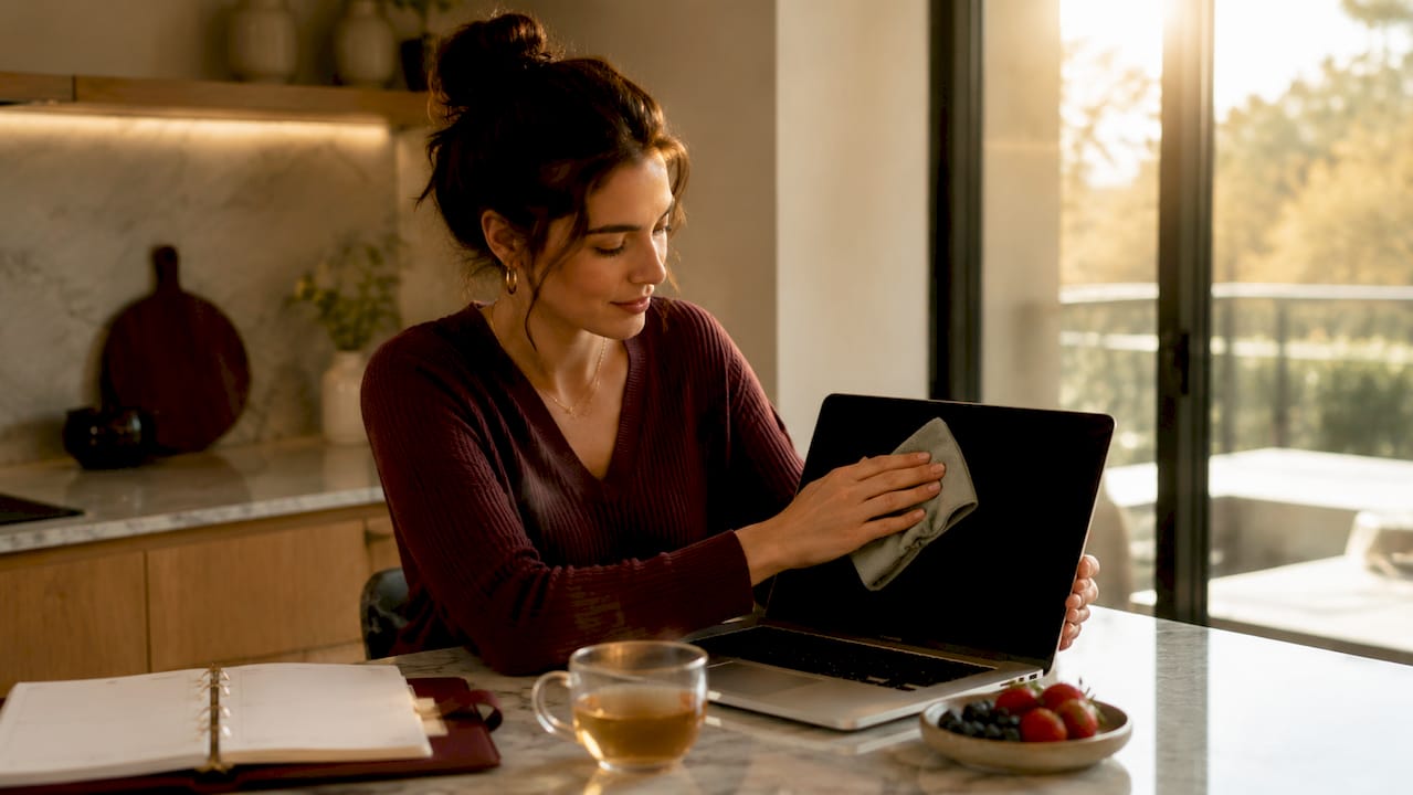 Woman cleaning MacBook screen with cloth at desk