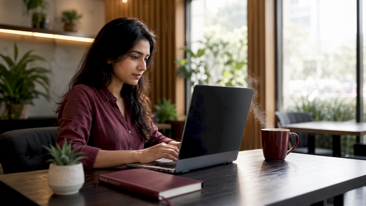 Woman using laptop with privacy filter on login screen