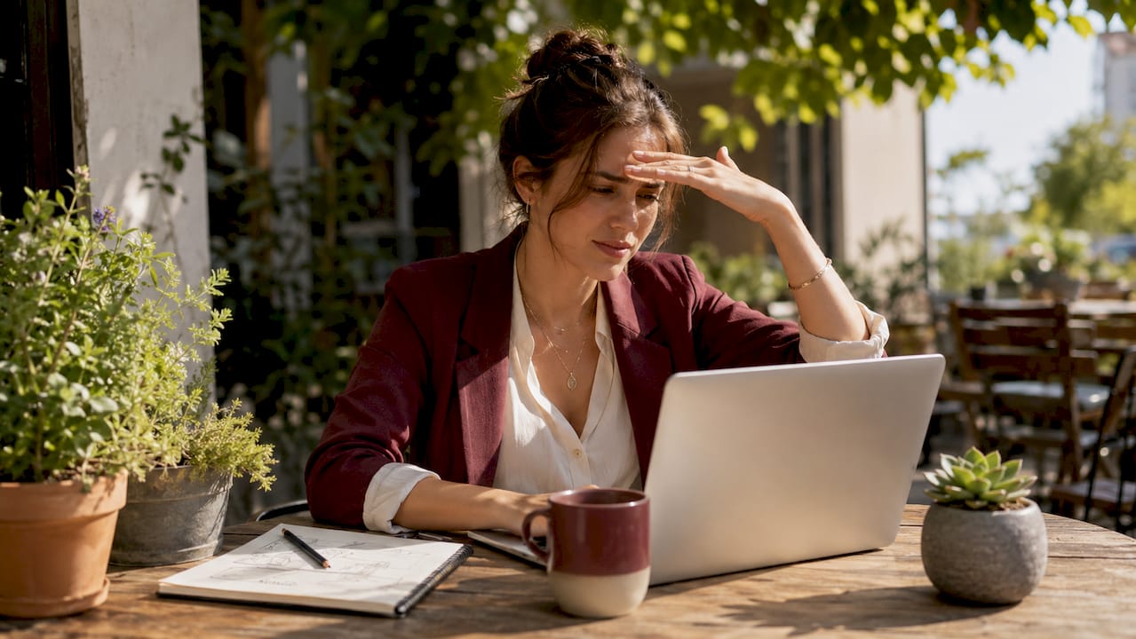 Woman struggling with screen glare at outdoor café