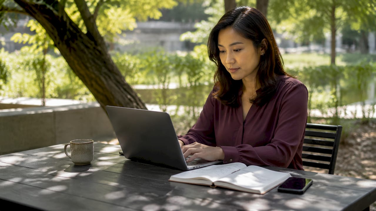 Woman typing on privacy-filtered laptop in café