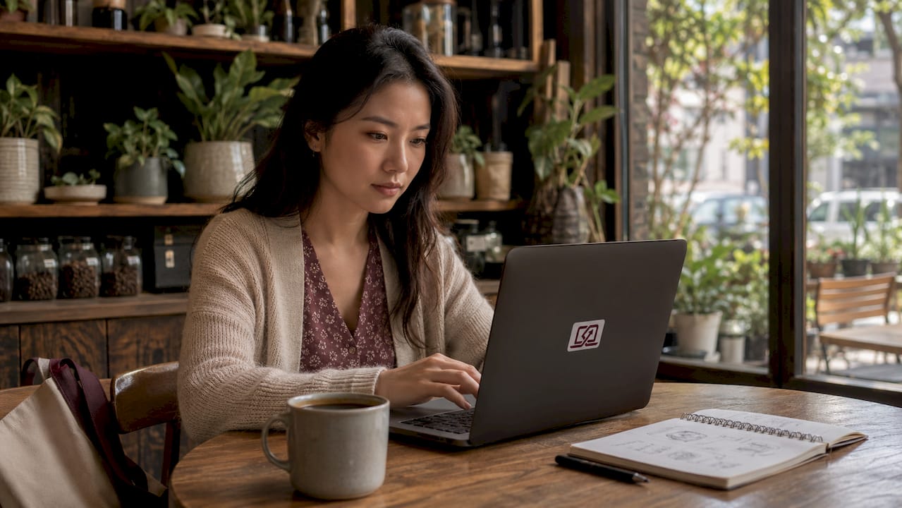 Woman working on laptop with privacy screen in café