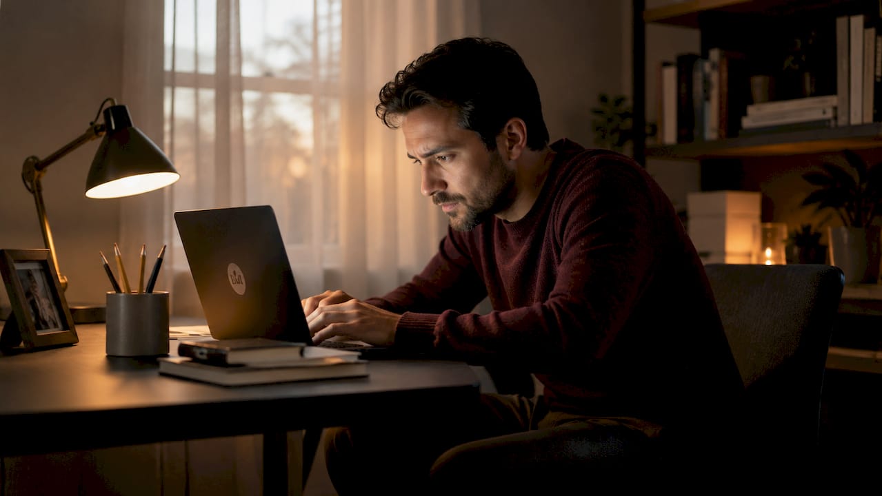 Office worker struggling with screen glare at desk