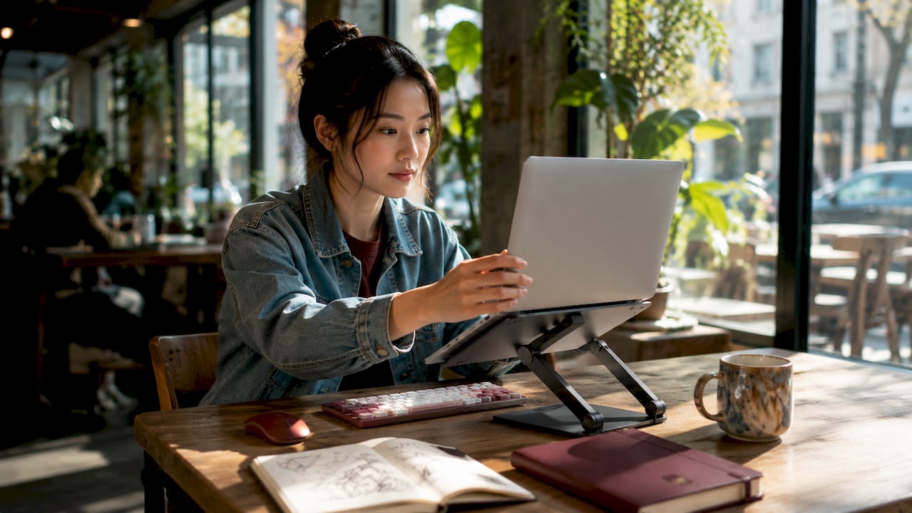 Person adjusting MacBook on ergonomic stand at home desk