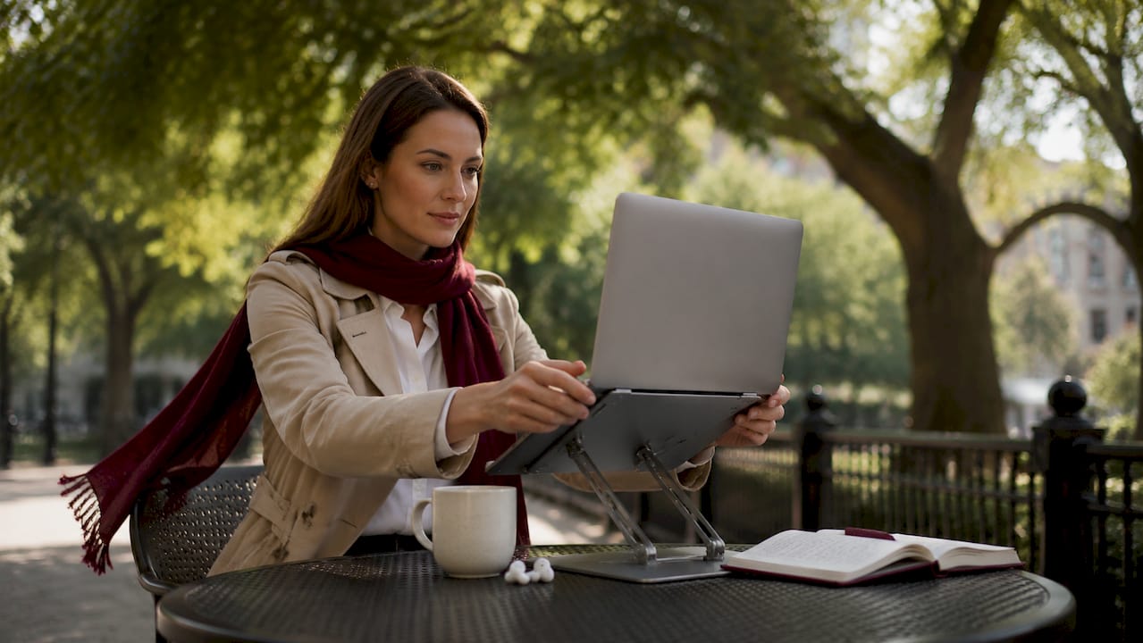 Woman adjusting MacBook angle at café table
