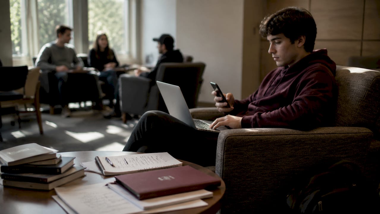Student distracted by phone during lecture on MacBook