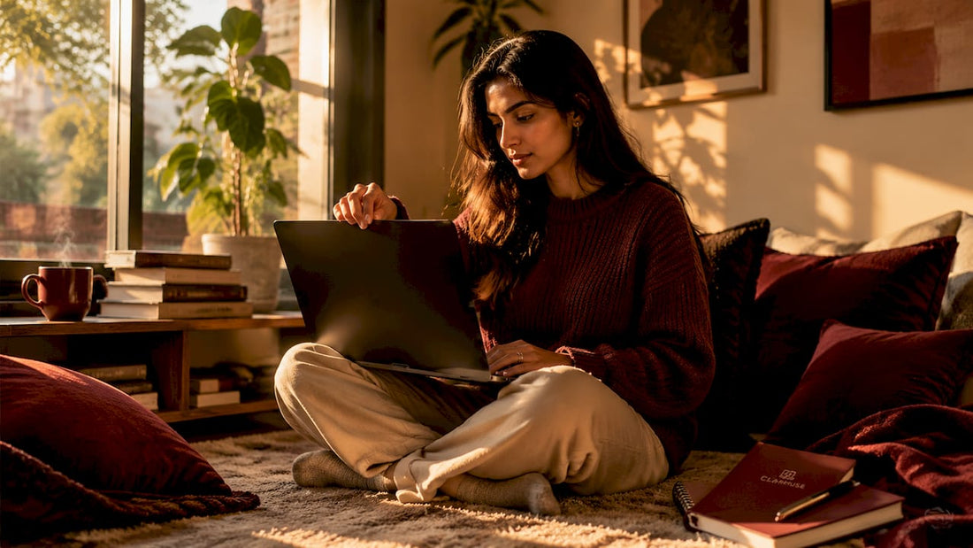 Woman at home desk using laptop with privacy screen