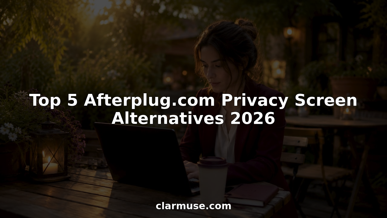 Woman using MacBook with privacy screen at outdoor café