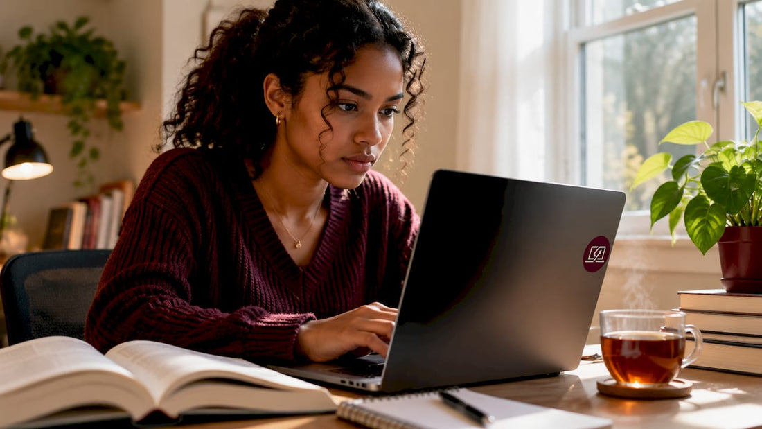 Student focusing using laptop with privacy screen filter