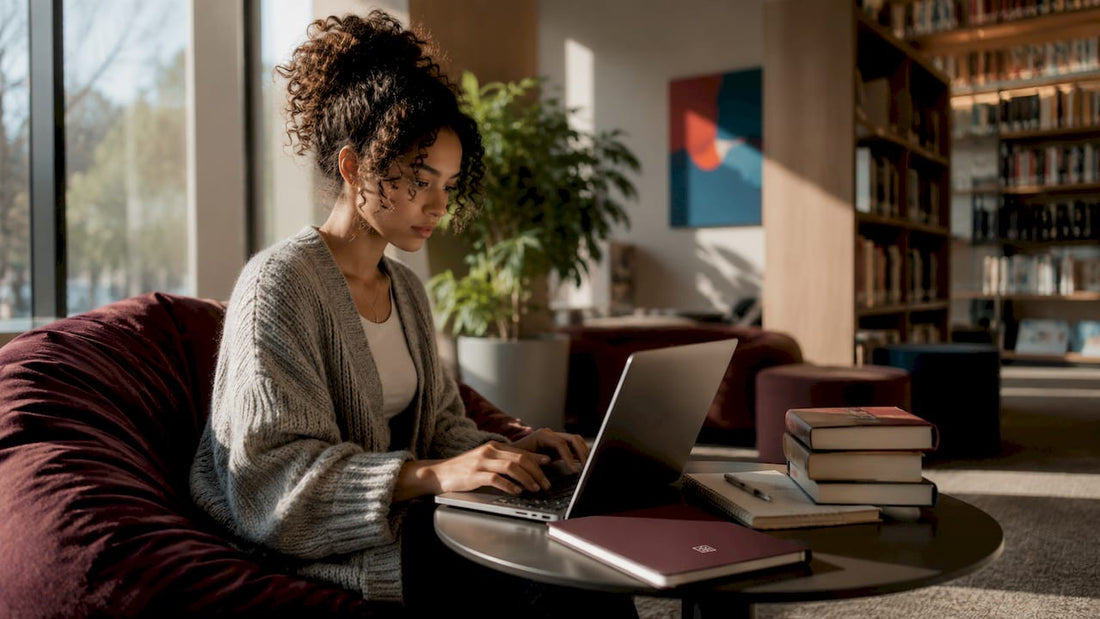 Side view of woman using laptop in library