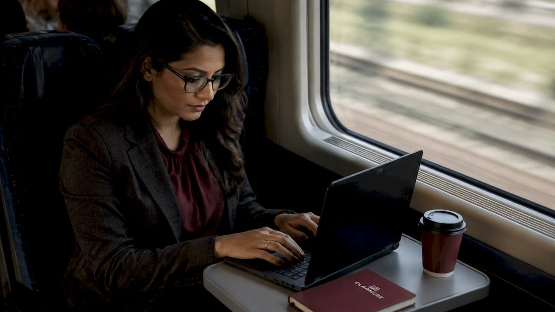 Woman using laptop with privacy filter on airplane
