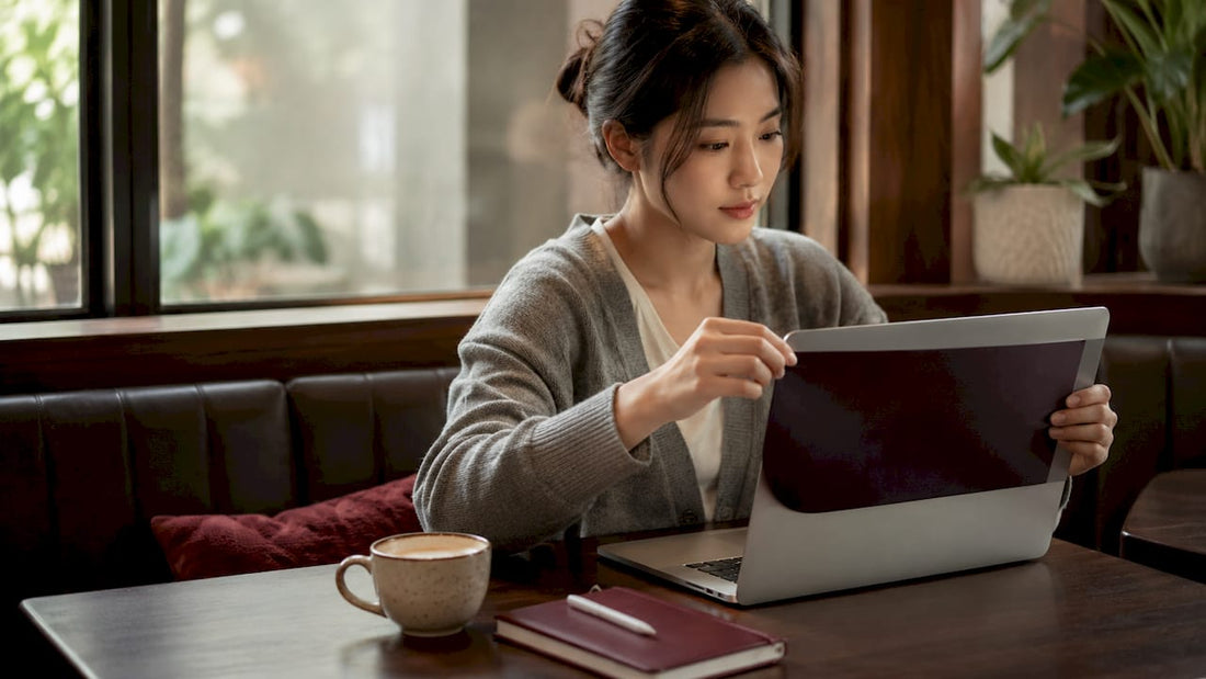 Woman installing MacBook privacy screen at desk