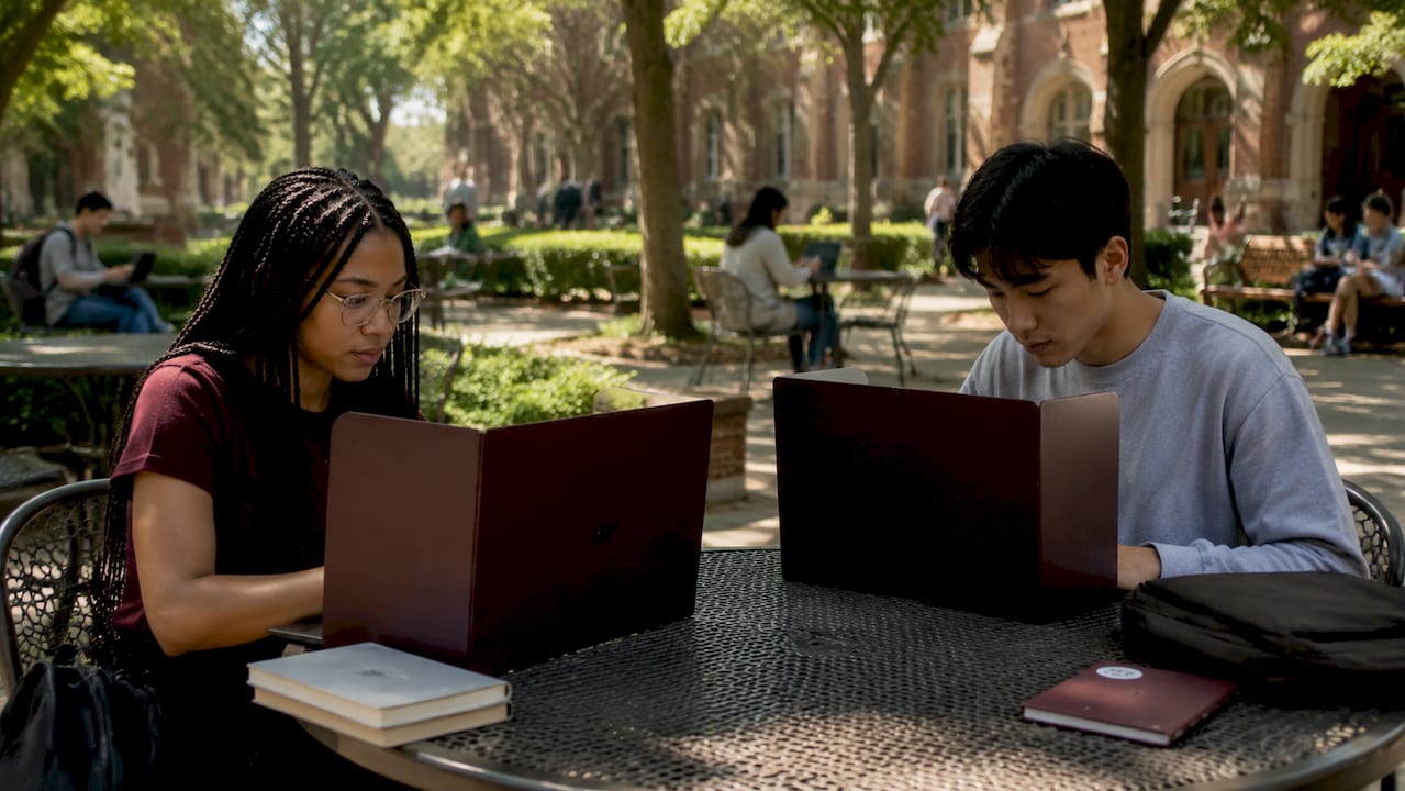 Students using privacy screens in a lecture hall