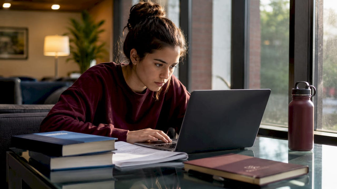Student typing on MacBook in university library