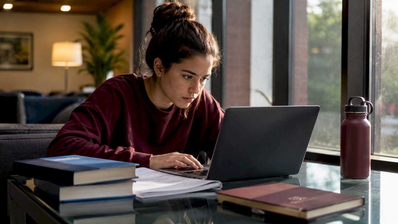 Student typing on MacBook in university library