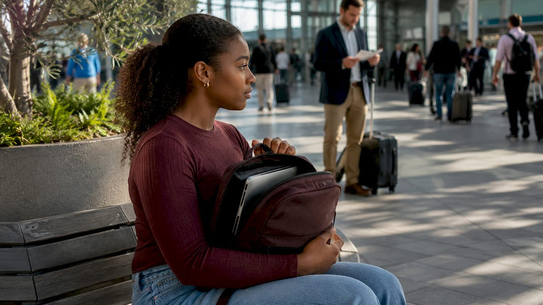 Woman securing laptop backpack at airport
