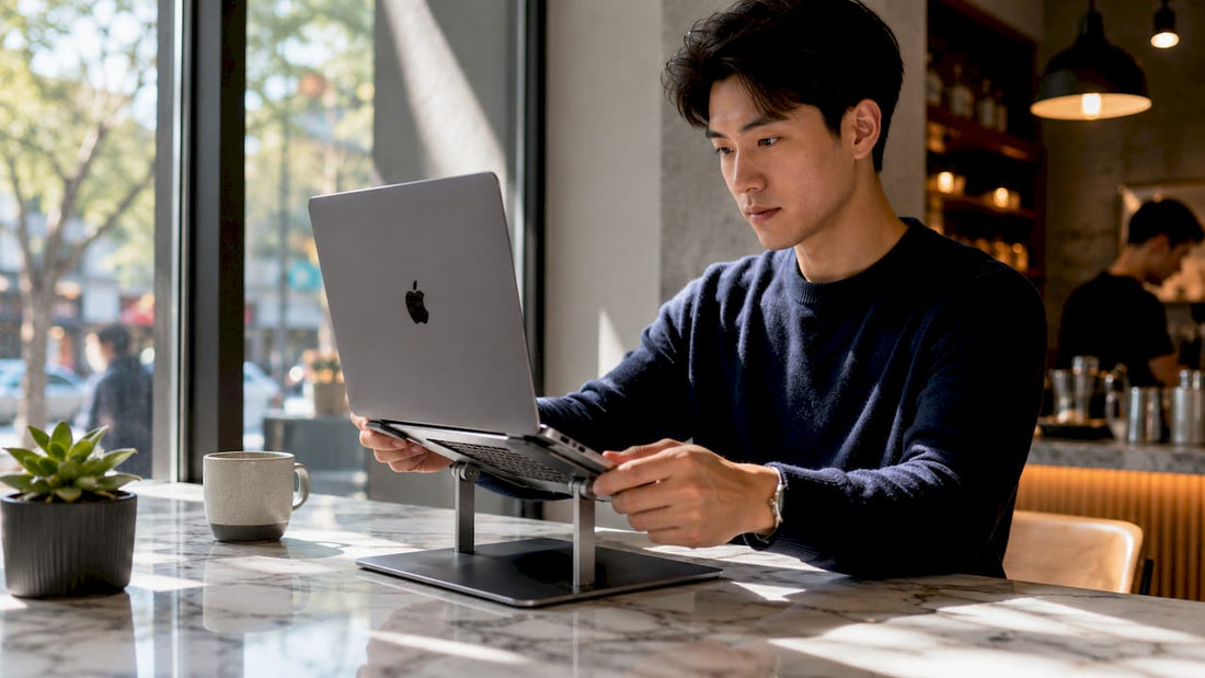 Man using MacBook on aluminum stand for cooling