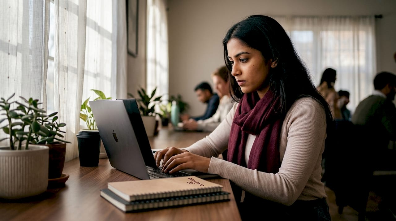 Woman using MacBook with privacy screen in coworking space