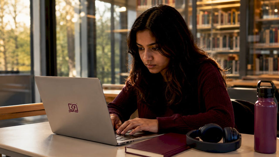 Student studying privately in university library with MacBook