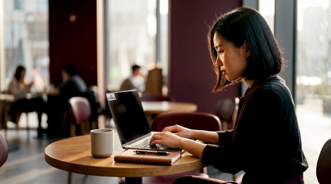 Person typing on MacBook with privacy screen